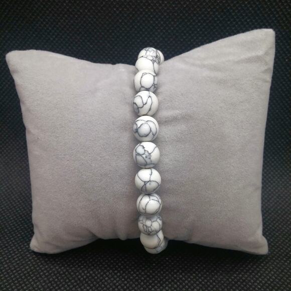 White Howlite Gemstone Bracelet Set of 2 Black Lava Stone Handmade Beaded NEW - Picture 4 of 11